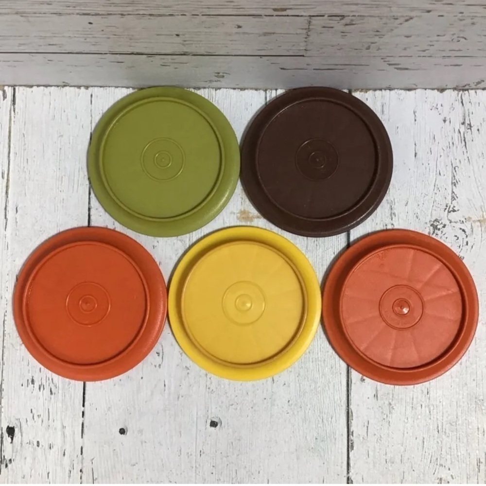 Vtg Tupperware Coasters Lids For Coffee Cups Mugs #1313 Set of 5 Harvest Fall‌‌‍